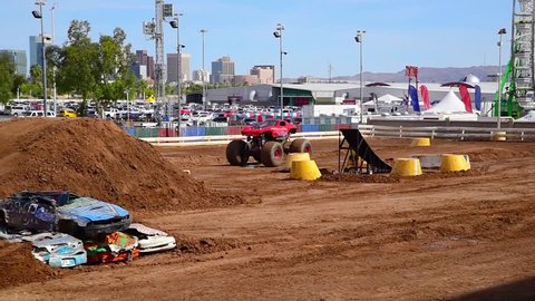 Phoenix, USA - April 14, 2019: The monster truck Rat Attack performing before a crowd at the Maricopa County Fair in Phoenix, Arizona.
