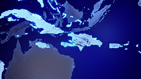Blue transparent 3d animated earth showing the borders of the country Haiti and the capital Port-Au-Prince in 4K resolution at daytime