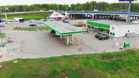 Moscow - May 06, 2019 gas station in Moscow, BP gas station, shooting from above, 4k, summer.