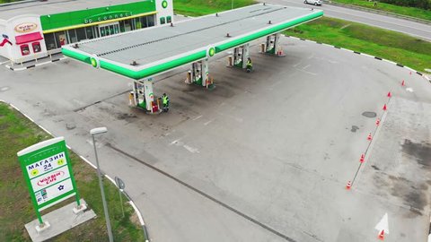Moscow - May 06, 2019 gas station in Moscow, BP gas station, shooting from above, 4k, summer.