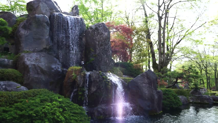 Waterfalls in the park, decorated in a Japanese garden style