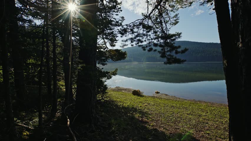 Walking through a forest to a lake shore - Mount Durmitor, Black Lake