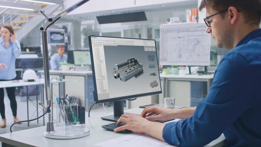 Engineer Working on Desktop Computer, Screen Showing CAD Software with 3D Component. In the Background Engineering Facility with Blueprints and Drawings with Industrial Design. Over the Shoulder Royalty-Free Stock Footage #1029171617