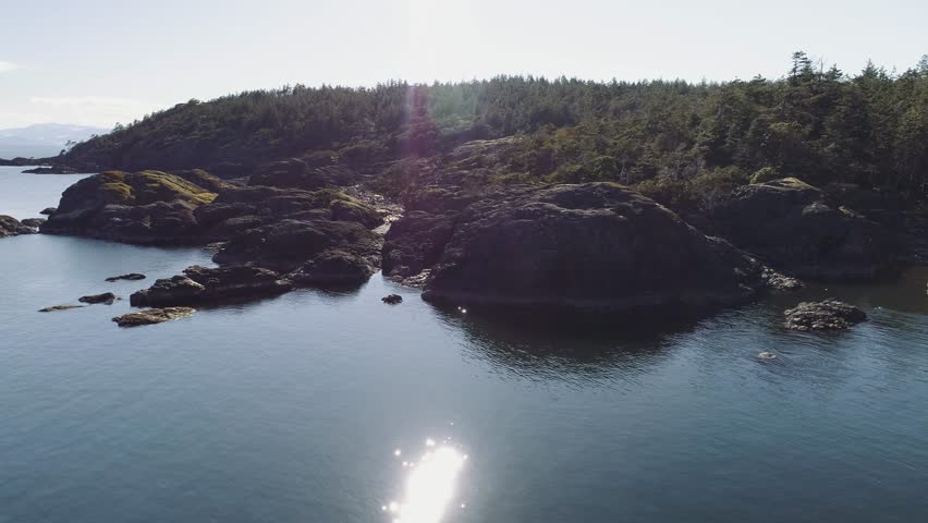 Aerial shot flying sideways by coastline with sun glare on water. Trees on rocks, bright sky and blue water.