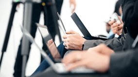 Detail clip with journalists hands typing on laptops during a press conference  - Powered by Shutterstock - Get 15% off with code: PIKWIZARD15