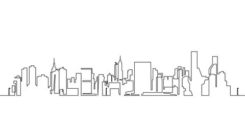 Self drawing animation of Modern cityscape continuous one line  drawing. Metropolis architecture panoramic landscape. New York skyscrapers hand drawn silhouette.