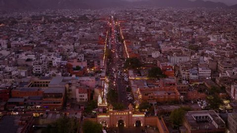 Jaipur pink city gate, India, Rajasthan, 4k aerial drone footage, night view
