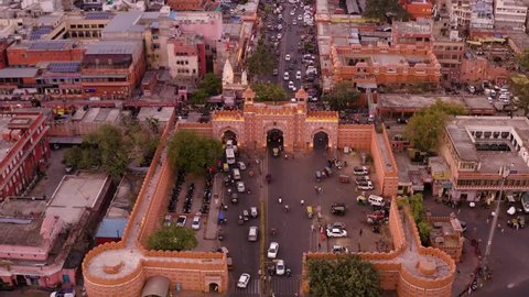 Jaipur pink city gate, India, Rajasthan, 4k aerial drone footage, night view