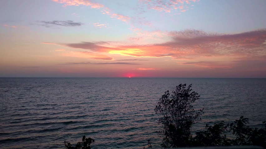 View of the sunset over Lake Michigan. 