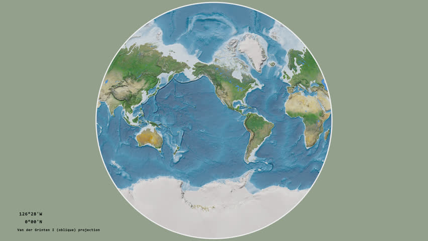 Puerto Rico and its capital circled and zoomed on the global satellite map in the van der Grinten I projection with animated oblique transformation