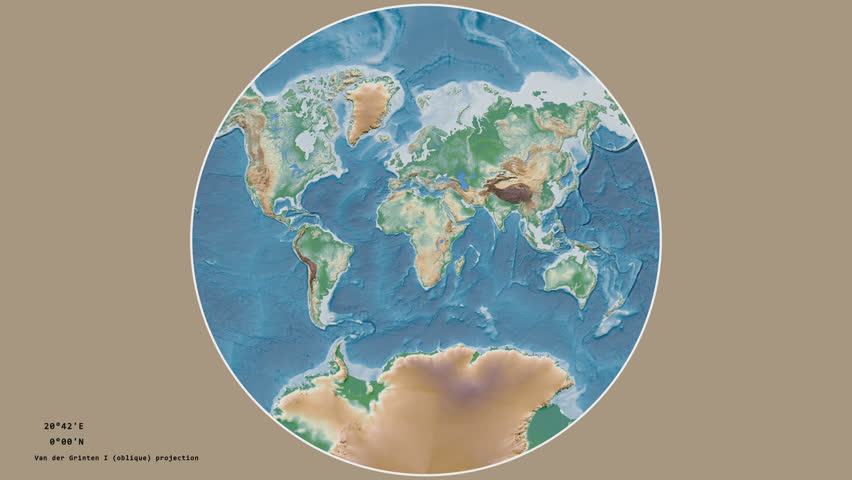 Sri Lanka and its capital circled and zoomed on the global physical map in the van der Grinten I projection with animated oblique transformation