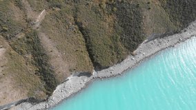 4K Aerial footage of Lake Pukaki with  coastline and Turquoise lake , New zealand by drone.