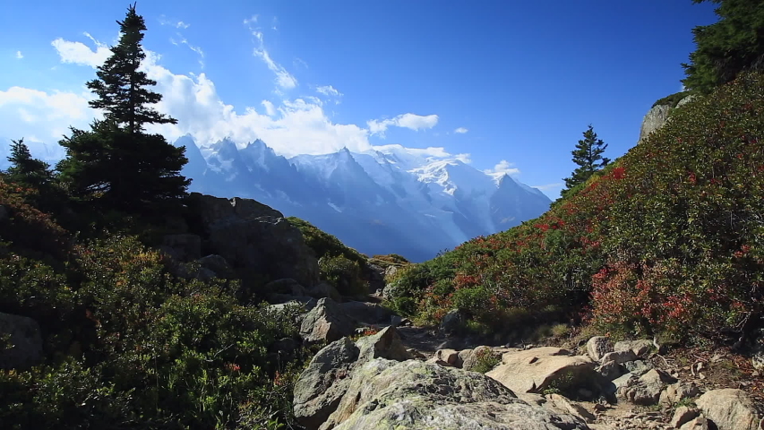 A man hiking on the famous Tour du Mont Blanc near Chamonix, France.