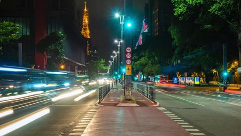 Sao Paulo, Brazil - January 27: Night time lapse view of traffic on Paulista Avenue in Sao Paulo, the financial centre and largest city in Brazil, South America.