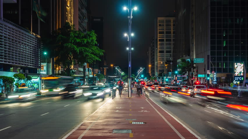 Sao Paulo, Brazil - January 27: Night time lapse view of traffic on Paulista Avenue in Sao Paulo, Brazil.