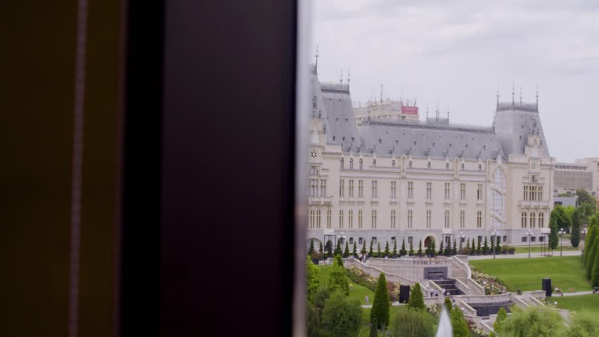 Slow motion reveal of the Palace of Culture in Iasi, Romania