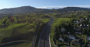 Vineyard and highway in Blonay - Aerial 4K