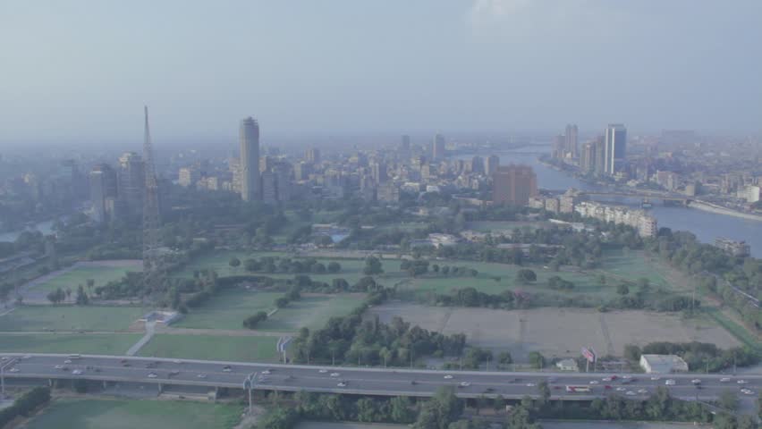 Aerial view of October bridge,Giza Egypt at morning uncolored 