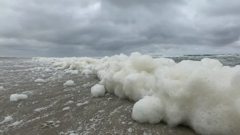 Medium close up of sea foam blowing in the wind
