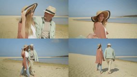 Collage of different shots of happy young couple walking along seashore, enjoying sun, holding hands, hugging. Family, holiday concept