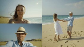 Collage of happy smiling young couple on vacation at seashore, making selfie video separately, twirling, holding hands, whirling. Holiday, family concept