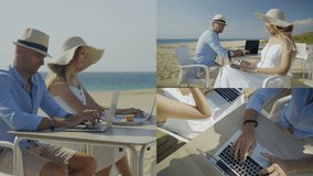Collage of happy smiling young couple on vacation at seashore, sitting at table after breakfast, typing on laptops. Holiday, freelance concept