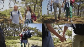 Collage of happy young couple in white T-shirts and with black rucksacks on vacation in forest, going on picnic, holding hands, enjoying their time. Holiday, family concept