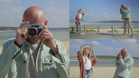 Collage of long and medium shots of happy young couple on vacation at seashore, man making photo of his wife posing. Family, holiday concept