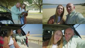 Collage of happy young couple on car tour, sitting hood, choosing, checking route with map, sitting in opened trunk at seashore, making selfie, having video call on phone. Travel, holiday concept