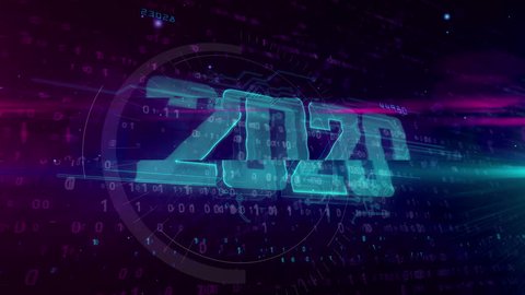 2020 Year of innovation hologram intro on dynamic digital background. Modern and futuristic 3D concept loopable and seamless 4K animation.