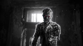 Dark walking zombie with red eyes entered room. Abandoned house 2D animation with glitch effect. Video clip in horror fantasy genre. Fantastic monster character. Scary places. Spooky animated movie. - Powered by Shutterstock - Get 15% off with code: PIKWIZARD15