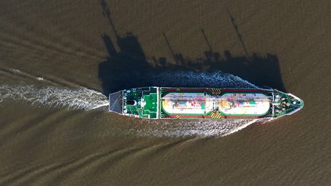 Aerial view Liquefied Petroleum Gas (LPG) tanker, Tanker ship logistic and transportation business oil and gas industry.