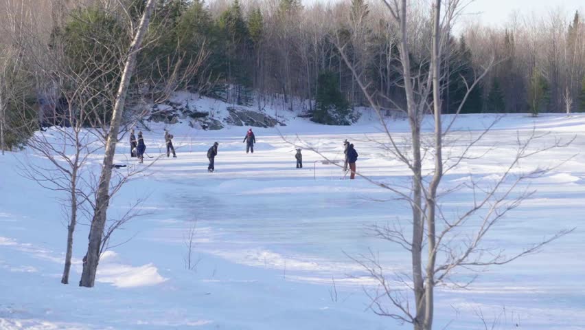 Family plays ice hockey on a frozen lake in the woods
