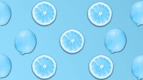 Abstract color animation of sliced lemon and different pastel rotating backgrounds. 4K seamless loop clip art fruit footage. Set of differen colors.