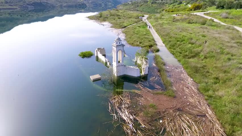 Abandoned old church immersed under reservoir water in Cyprus