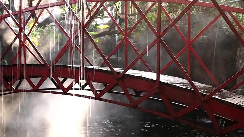 The bridge over the river has a fog, the light shines from nature in the rain.