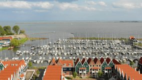 Aerial view of nautical vessels in the harbor in Volendam, the Netherlands