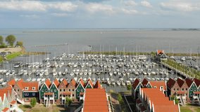 Aerial view of nautical vessels in the harbor in Volendam, the Netherlands