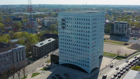 Tallinn / ESTONIA - April 29, 2019: Aerial pan of the side of Estonian superministry building in Tallinn