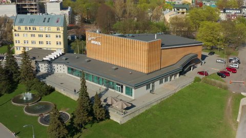 Tallinn / ESTONIA - April 29, 2019: Aerial pan approaching iMax Kosmos cinema building in Tallinn