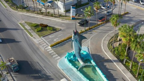 Monument in the center of Punta Cana blue marlin 10 May 2019. Landmark of the Dominican Republic. Blue marlin symbol fish of Punta Cana. License Editorial.