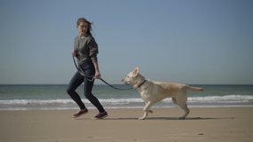 Happy young woman in eyeglasses running with dog on seashore. Cute adult labrador having fun with owner on sandy beach. Pet concept