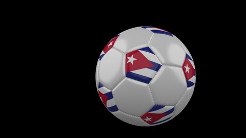 Soccer ball with the flag of Cuba flies past the camera, slow motion, 4k footage with alpha channel