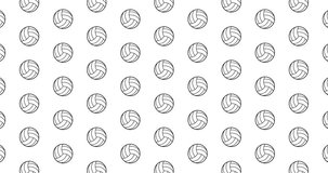Illustrated volleyball background video clip motion backdrop video in a seamless repeating loop. Black & white volleyballs sports icon pattern white background high definition motion video

