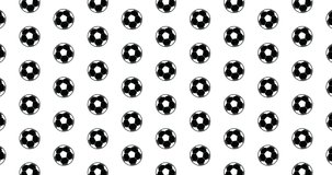 Illustrated soccer balls background video clip motion backdrop video in a seamless repeating loop. Black & white soccer ball sports icon pattern white background high definition motion video
