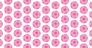 Illustrated pink soccer balls background video clip motion backdrop video in a seamless repeating loop. Pink color soccer ball womens sports icon pattern white background high definition motion video
