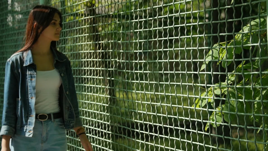 Curious caucasian girl walking and looking behing the fence in the Zoo. Slow motion