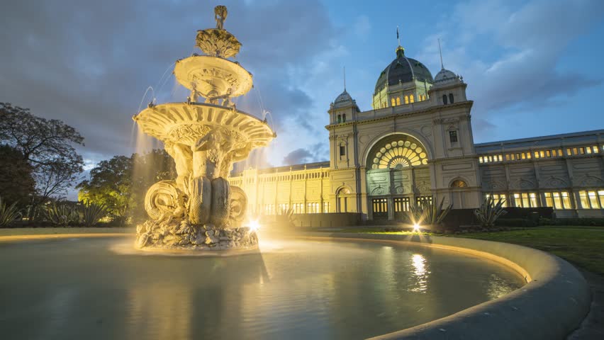 Melbourne sunset time lapse facing the heritage landmark Royal Exhibition Building and Hochgurtel Fountain.
