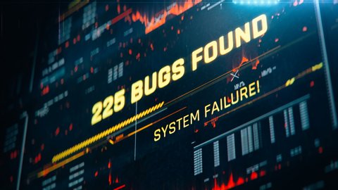 Computer bugs countdown, system failure, server down, hacked database, warning. System shutdown, emergency protocol engaged