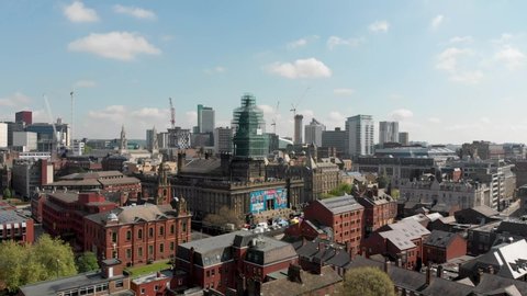 Leeds City Centre UK, 12th May 2019: Aerial footage over looking there famous historic Leeds Town Hall on the day of the Leeds Half Marathon in the Leeds City Centre in West Yorkshire
